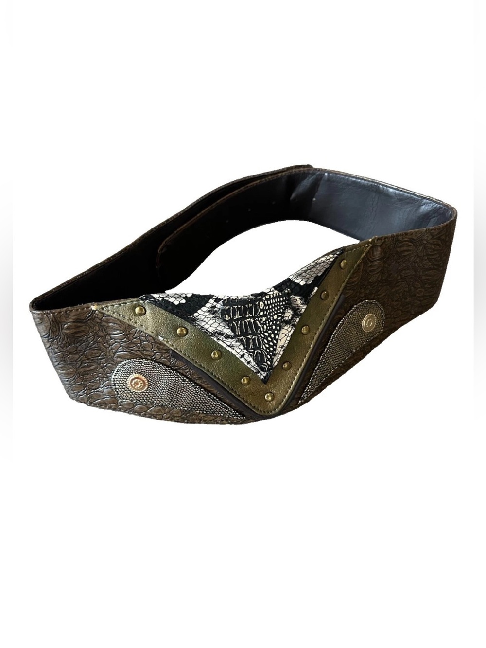 Vintage 80s Reptile Patchwork Wide Waist Belt Gold Green Studded Korea 37”
